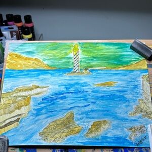 Coastal Lighthouse Art - Blue and Green Serenity